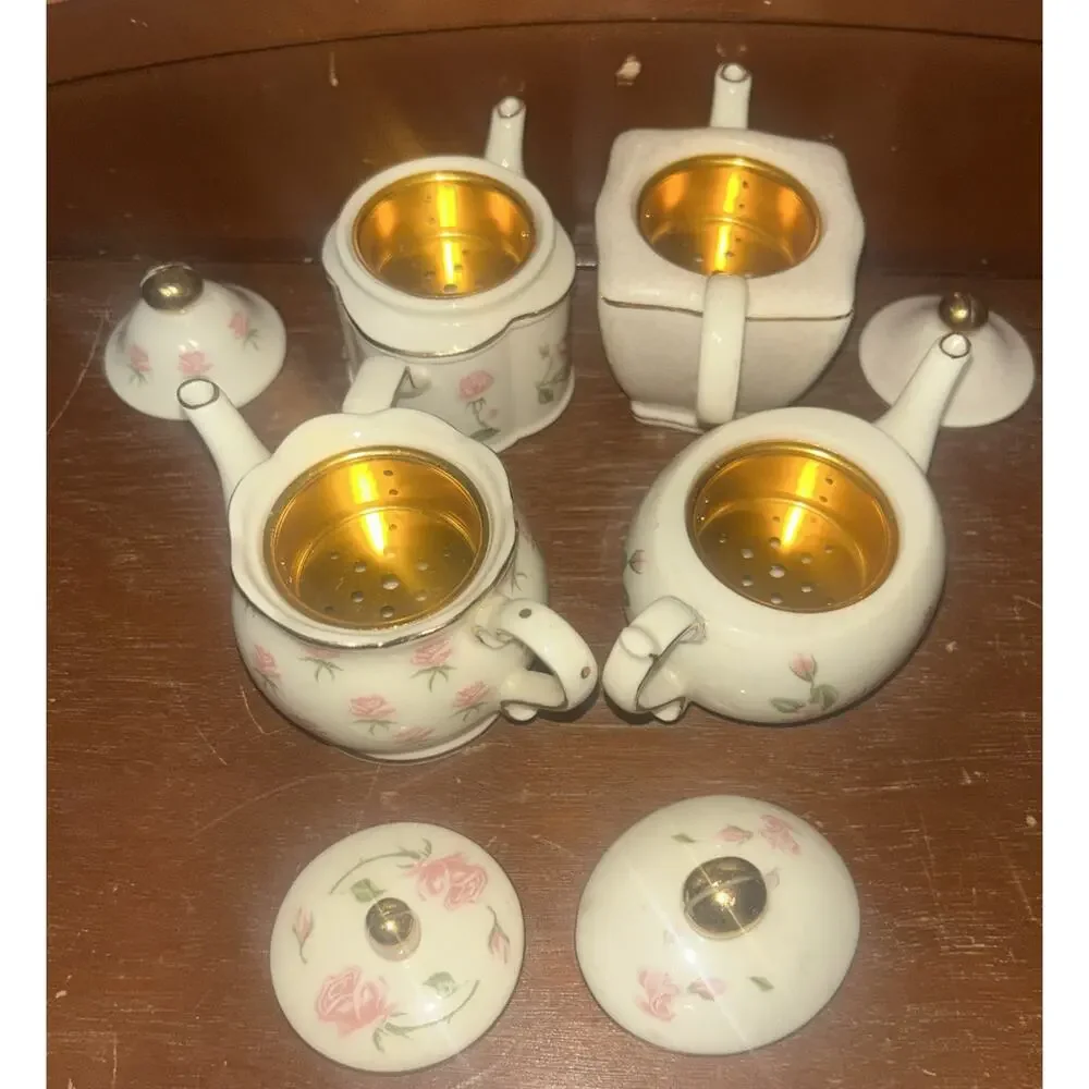 Partylite Floral Teapot Set x 4 Miniatures Tealight Candle Holders - Picture 5 of 7